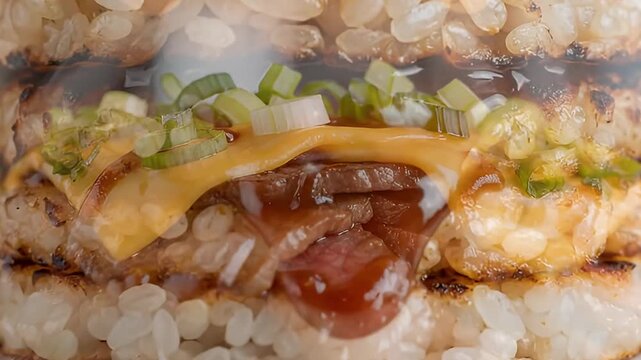 A mouth-watering close-up showcases a decadent stack of thinly sliced, tender meat, generously layered with rich, melting yellow cheese and a luscious, savory brown sauce. Freshly chopped green onions