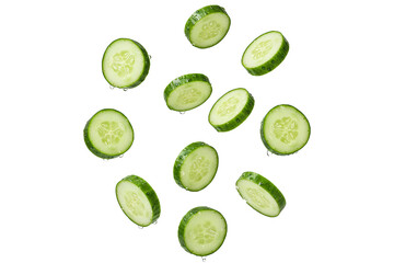 PNG. fresh cucumbers slices. Falling cucumber slices on transparent background.