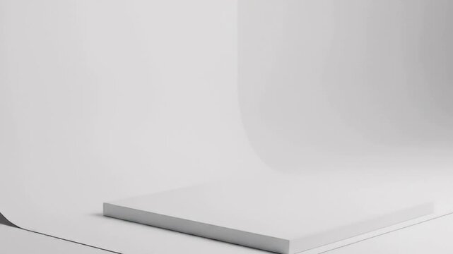 A pristine, minimalist white studio environment featuring a seamless cyclorama background that smoothly curves upwards, and a clean, rectangular white platform or stage positioned on the floor. Soft, 