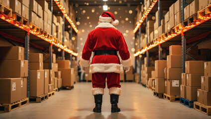 Santa Claus in warehouse ready for christmas gift order dispatch. Magical busy holiday scene inside large storage facility