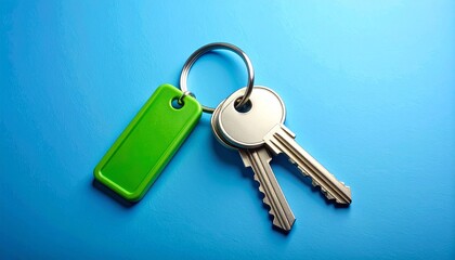 metal keys with green tag on blue gradient