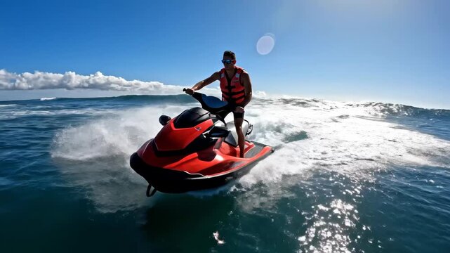 Man Riding a Jet Ski on a Sunny Day - A man wearing a life jacket and sunglasses is riding a red and black jet ski on the ocean.