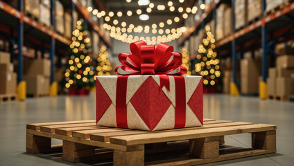 Joyful christmas gift box ready for order dispatch in festive holiday warehouse during logistics peak season