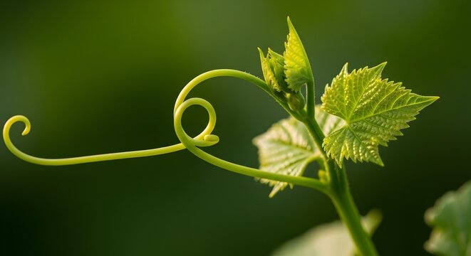 Close-up of a young grapevine tendril and leaves in bright light. Organic agricultural growth and renewal. Curved vine shoot wrapping around with detailed leaf texture against a green background