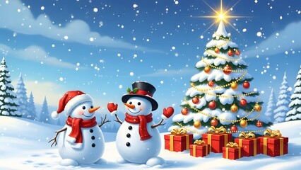 Festive Snowmen Beside Decorated Christmas Tree