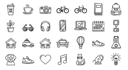 Fototapeta premium Outline doodle icon set lifestyle elements vector illustration collection