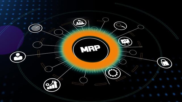 Mrp acronym on digital interface surrounded by business icons representing material requirements planning and inventory control concept