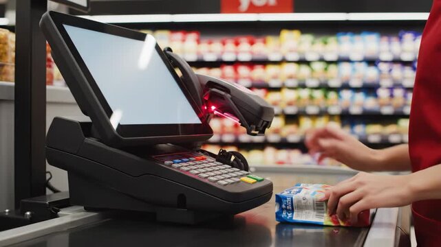 Supermarket Checkout Process - A supermarket employee is scanning groceries at the checkout counter with a handheld scanner.