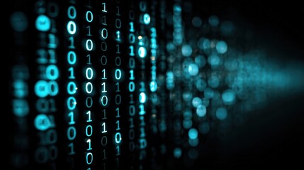 Digital Code and Technology. A futuristic close-up shot of binary code streaming across the screen. ..Created with Generative AI, not depicting real subjects.