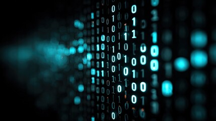 Abstract binary code flowing in a digital universe, a visual metaphor of technology and data processing. ..Created with Generative AI, not depicting real subjects.