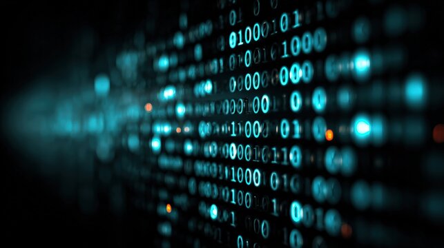 Abstract digital landscape showcases a complex matrix of binary code, representing the dynamic flow of data in the digital realm. ..Created with Generative AI, not depicting real subjects. - Powered by Adobe