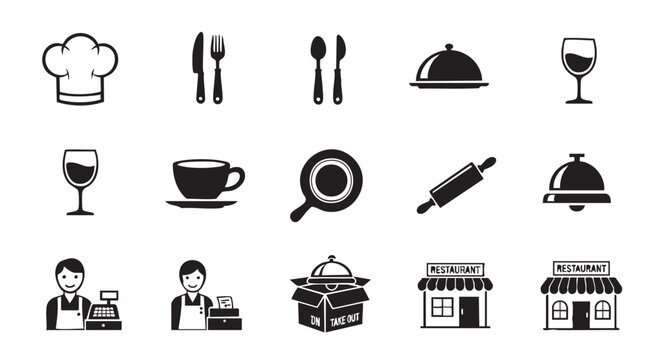 Restaurant and food industry monochrome vector icons set with chef tools