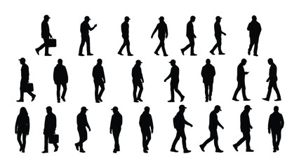 a collection of diverse black silhouettes depicting people walking in varied poses and activities showcasing modern life silhouette