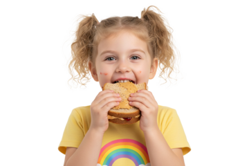 PNG. little girl eating sandwich. close up of little girl eating a sandwich on transparent background.