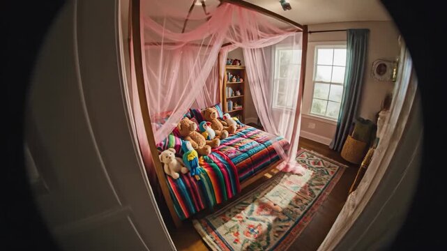 Security Camera View of Child's Bedroom - This video shows a security camera's view of a colorful child's bedroom with a bed full of stuffed animals, a pink canopy, and a bookshelf.