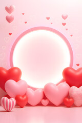 Pink background with circular element in center surrounded by 3D hearts