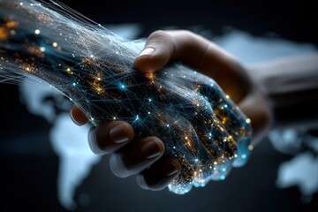 A diverse group of professionals forms an overlapping chain of handshakes, symbolizing a new multilayered global partnership in a modern conference setting.