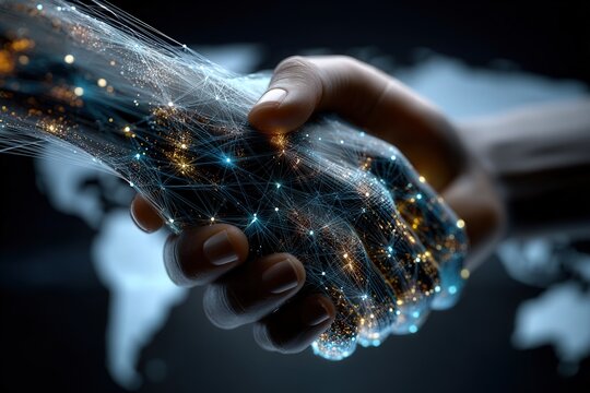 A diverse group of professionals forms an overlapping chain of handshakes, symbolizing a new multilayered global partnership in a modern conference setting. - Powered by Adobe