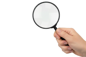 PNG. hand holding magnifying glass. Hand holding a black magnifying glass on transparent background.