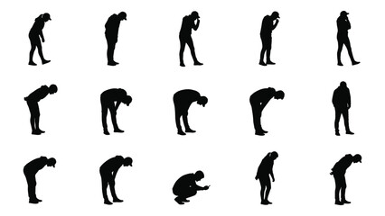 a collection of human figures in various bending and bowing postures depicted as dark shapes a striking silhouette © MehediHasan