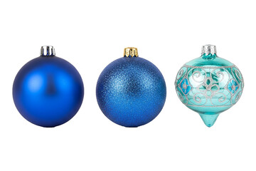 Obraz premium PNG. blue christmas balls. Three blue Christmas ornaments on transparent background.