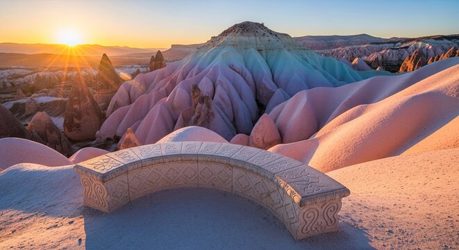 Sunrise over Cappadocia's surreal landscape with a carved stone bench in the foreground - Powered by Adobe