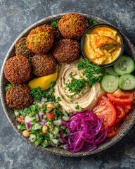 Vibrant Bowl of Fresh Falafel, Hummus, Sliced Vegetables, and Colorful Salad Garnished with Parsley and Lemon Wedge