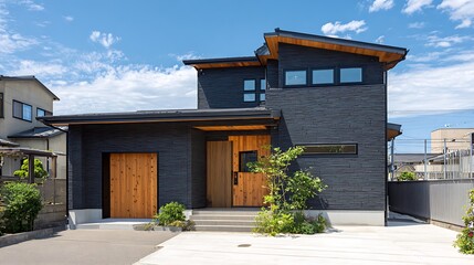 Modern Two-Story House with Dark Gray Siding and Wood Accents / ダークグレーの外壁と木のアクセントが特徴のモダンな二階建て住宅