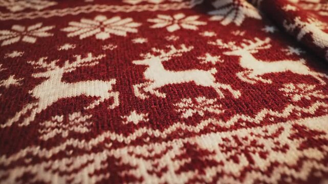 Cozy Christmas Knitted Pattern - A macro shot showcases a red and white knitted Christmas sweater pattern featuring reindeer and snowflakes.