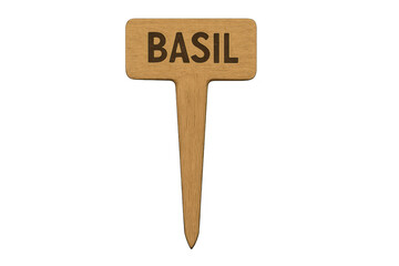 Fototapeta premium Wooden plant marker showing basil name for gardening