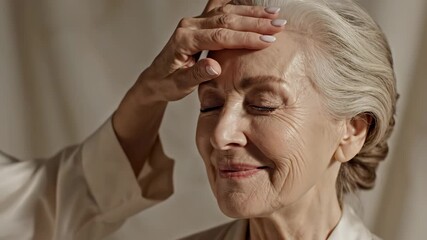 Senior Woman Relaxing with Eyes Closed - An elegant senior woman is shown in profile with her eyes closed. She has one hand on her forehead as if she is in deep thought or experiencing a migraine.