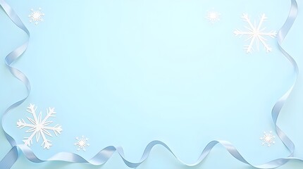 Snowflake and satin ribbon pastel blue frame background