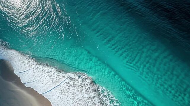 Aerial view of turquoise ocean wave crashing onto a sandy beach with white foam patterns