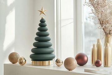 Modern minimalist stacking decoration resembles a stylized holiday tree arrangement indoors