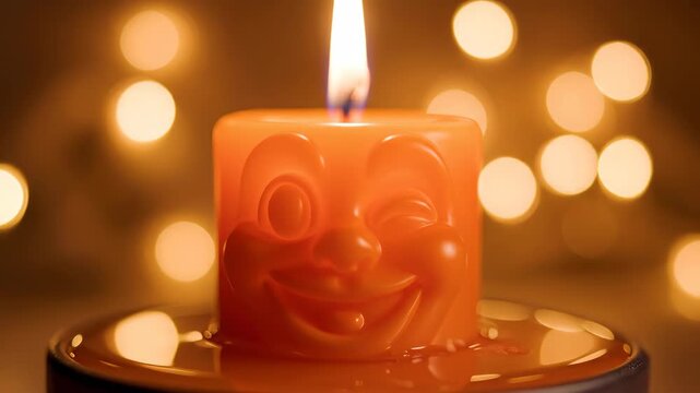 Whimsical Face Candle with Bokeh Lights - An orange square candle with a sculpted face, one eye winking and a charming smile, sits on a reflective base.