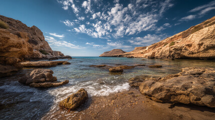 Naklejka premium Deserted Sandy Beach and Rocky Cliffs with Gentle Waves in a Secluded Coastal Bay on a Sunny Day