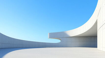 Futuristic building with smooth white concrete curves under clear blue sky, minimalistic style