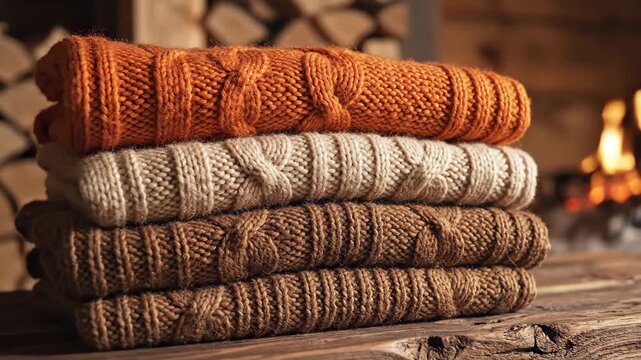 Stack of Cozy Knitted Sweaters - A close-up shows a stack of four neatly folded, textured knitted sweaters in orange, beige, and brown tones on a rustic wooden surface.