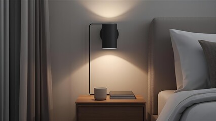 Realistic close-up bedroom nightstand and wall lamp, slightly dim lighting, clean minimalist design, modern tidy details.
