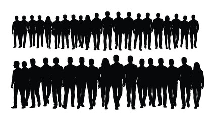 a large group of people are shown as solid black shapes aligned in two rows a striking silhouette