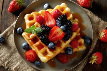 Delicious breakfast waffles topped with fresh berries and maple syrup on a rustic wooden table