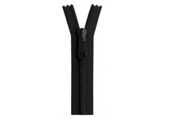 Black zipper fastener mechanism partially closing on transparent background