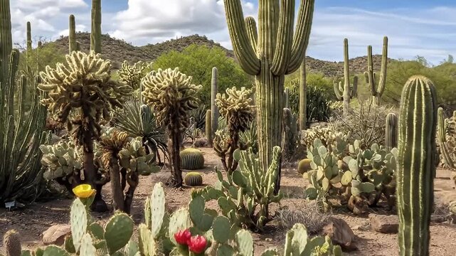 A vibrant and diverse desert landscape unfolds under a bright blue sky, showcasing a rich variety of resilient cacti and succulents. Towering saguaro cacti stand prominently amidst fuzzy cholla and pa