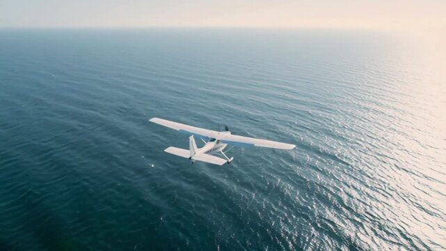 Aerial view of small white seaplane flying over deep blue ocean water surface