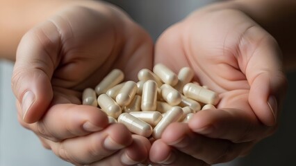 A close-up of a person's cupped hands holding a handful of white capsule pills. This image can represent medicine, supplements, healthcare, or the pharmaceutical industry.
