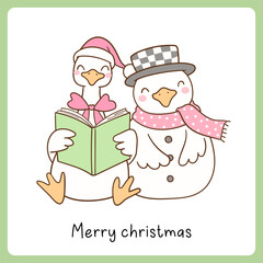 Draw vector cute silly goose reading book with snowman Merry christmas Bookish lover Doodle cartoon