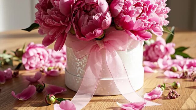 Pink Peony Bouquet in a Box - A close-up shot shows a bouquet of bright pink peonies overflowing from a round, white hat box tied with a delicate pink ribbon.