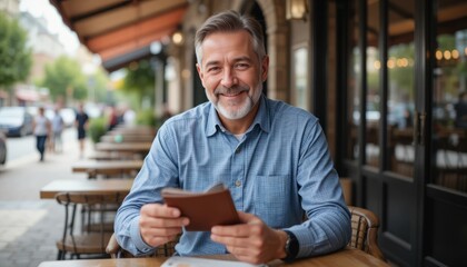 Smiling middleaged man with beard sitting outdoors at a cafe table