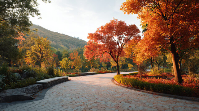 Scenic autumn park pathway with vibrant orange trees and golden light, inviting nature stroll