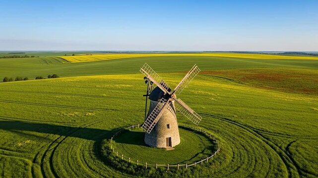 Aerial view of a windmill in a green field under a blue sky.